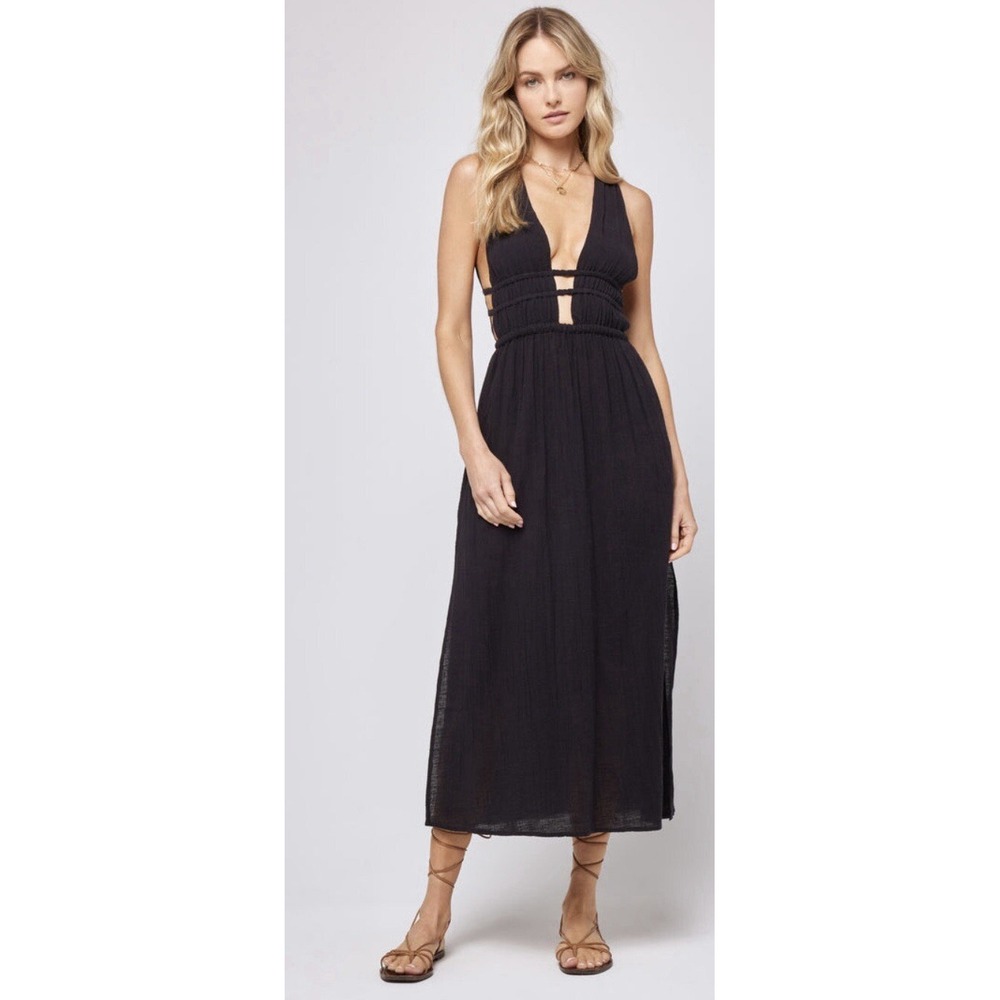 L*SPACE That Feel Good Fit Black Cotton Gauze Deep V-Neck Smocked Maxi Dress S/P - Picture 1 of 9